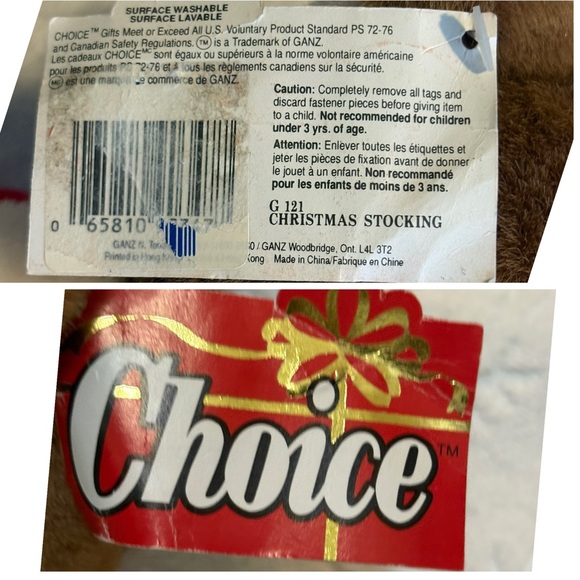 VTG Brown Bear 3D Plush GANZ 1993 Christmas Red Stocking Santa Hat Choice W/ Tag - Picture 13 of 15